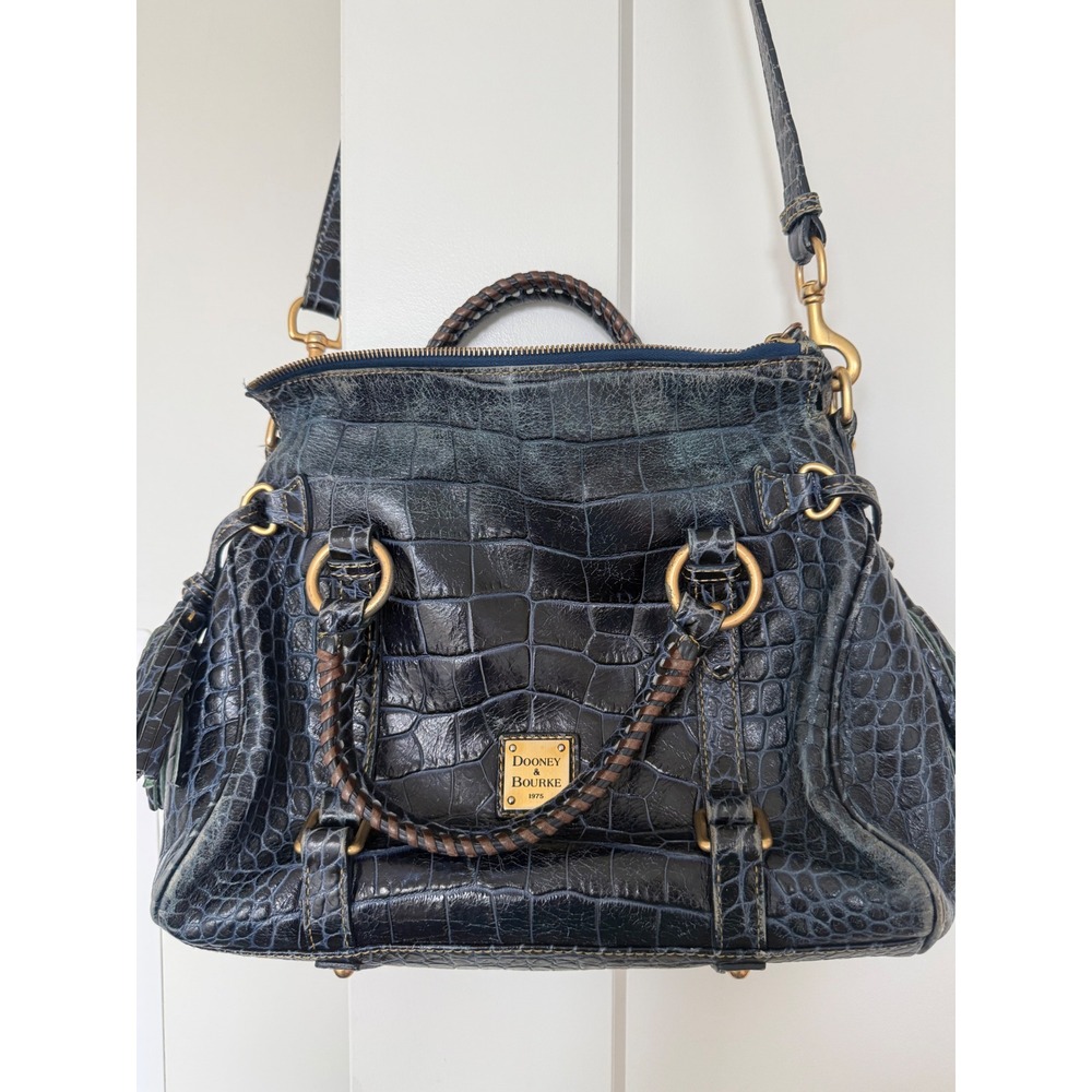 Dooney & Bourke Navy Blue Croco Embossed Tasseled Satchel Leather Handbag